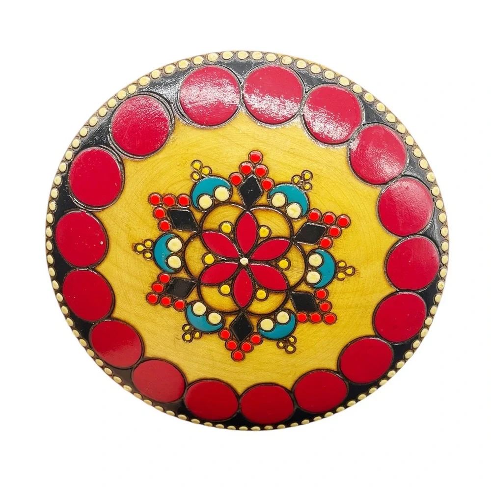 Romania Folk Art Wood Box Round Hand carved Painted Colorful Vintage Trinket